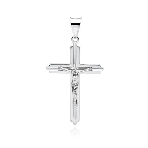 Srebrny pr. 925 krzyżyk rodowany diamentowany z reliefowym wizerunkiem 40 x 21 mm