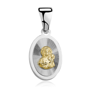 Srebrny pr. 925 diamentowany medalik Matka Boska Częstochowska 22 x 10 mm pozłacany