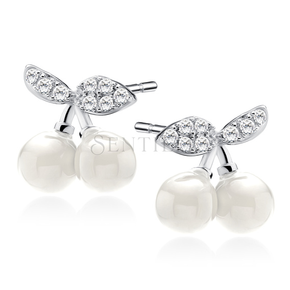 Srebrne kolczyki pr. 925 - wisienka z białymi cyrkoniami i perłą