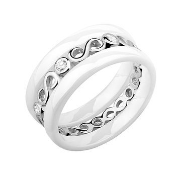 Dwa białe pierścionki ceramiczne i pierścionek srebrny z cyrkoniami - Nieskończoność