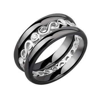 Dwa czarne pierścionki ceramiczne i pierścionek srebrny z cyrkoniami - Nieskończoność