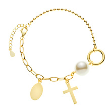Srebrna pozłacana bransoletka pr.925 - dwa rodzaje łańcuszka, kółko, owalna blaszka, krzyż i perła