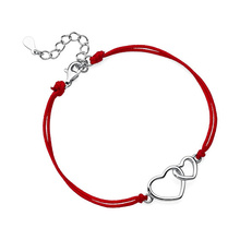 Srebrna pr.925 bransoletka z czerwonym sznurkiem - serca