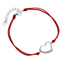 Srebrna pr.925 bransoletka z podwójnym czerwonym sznurkiem - serce z cyrkoniami