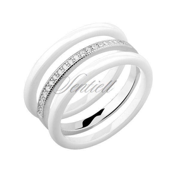 Dwa białe pierścionki ceramiczne i pierścionek srebrny z cyrkoniami