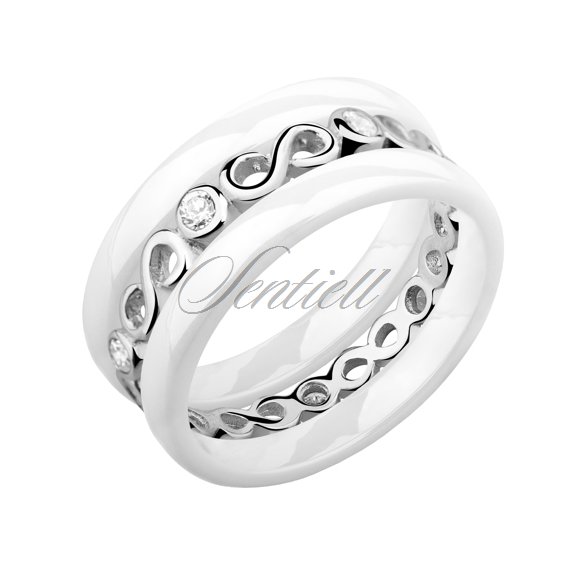 Dwa białe pierścionki ceramiczne i pierścionek srebrny z cyrkoniami - Nieskończoność