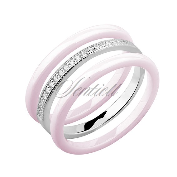 Dwa różowe pierścionki ceramiczne i pierścionek srebrny z cyrkoniami